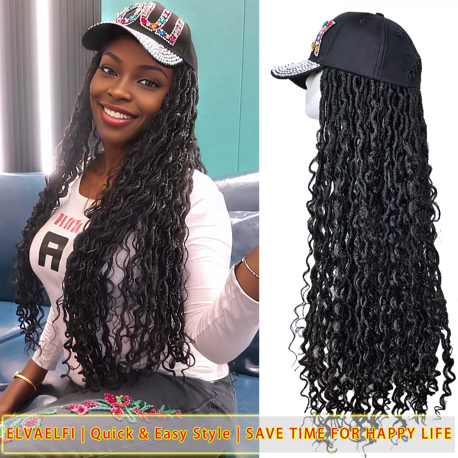 Colorful 'LUCK' Baseball Cap with Boho Goddess River Locs Hair