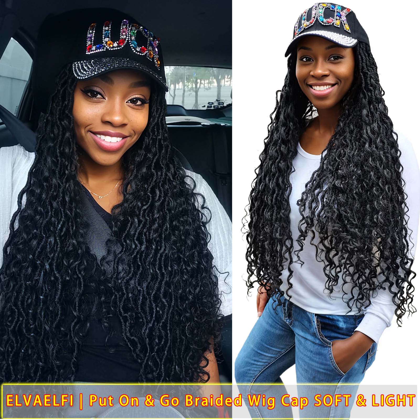 Colorful 'LUCK' Baseball Cap with Boho Goddess River Locs Hair