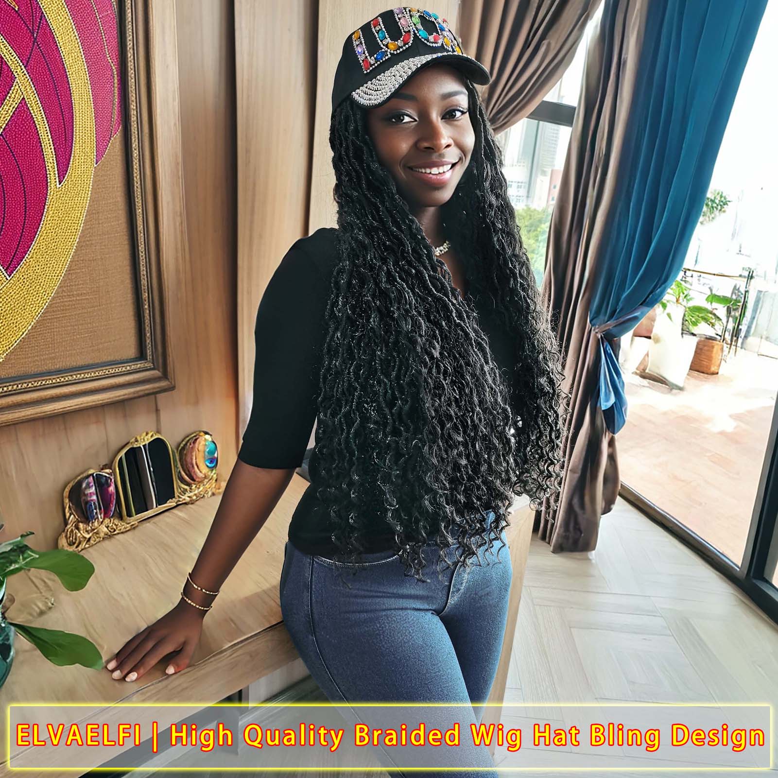 Colorful 'LUCK' Baseball Cap with Boho Goddess River Locs Hair