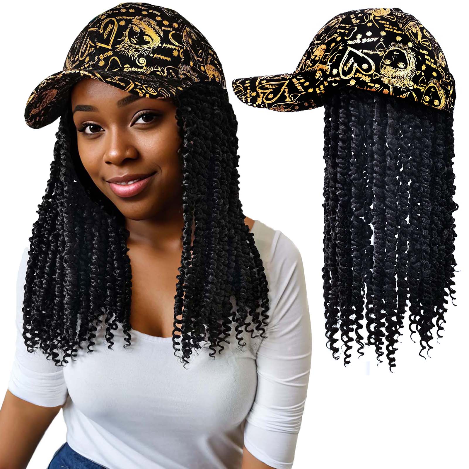 Gold Graffiti Baseball Cap with Passion Twist Crochet Hair