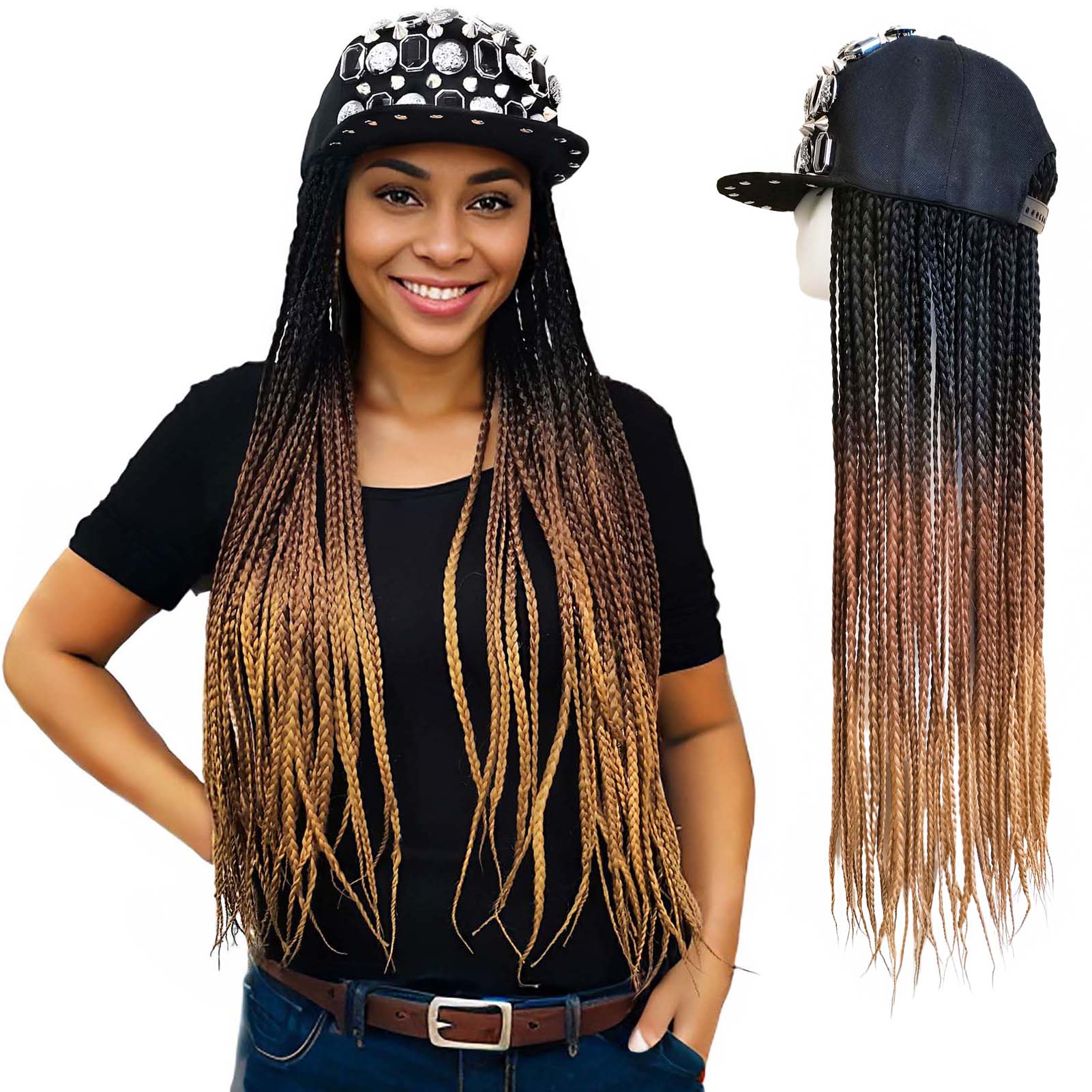 Shiny Rhinestone Studs Flat Cap with 3X Box Braids