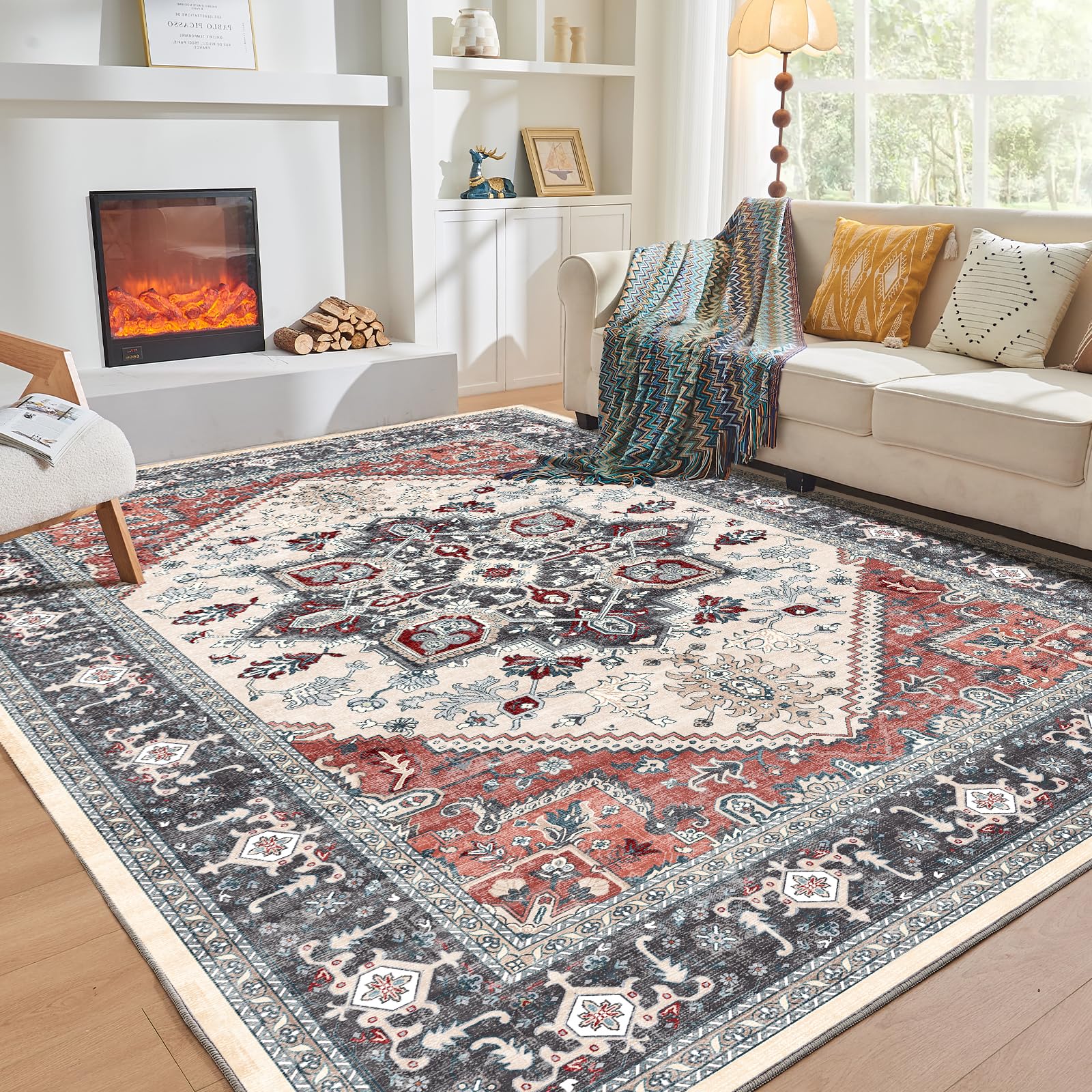 OPPODREAM Soft Area Rugs 5x7, Persian-Inspired Washable Rug, Blue & Gold