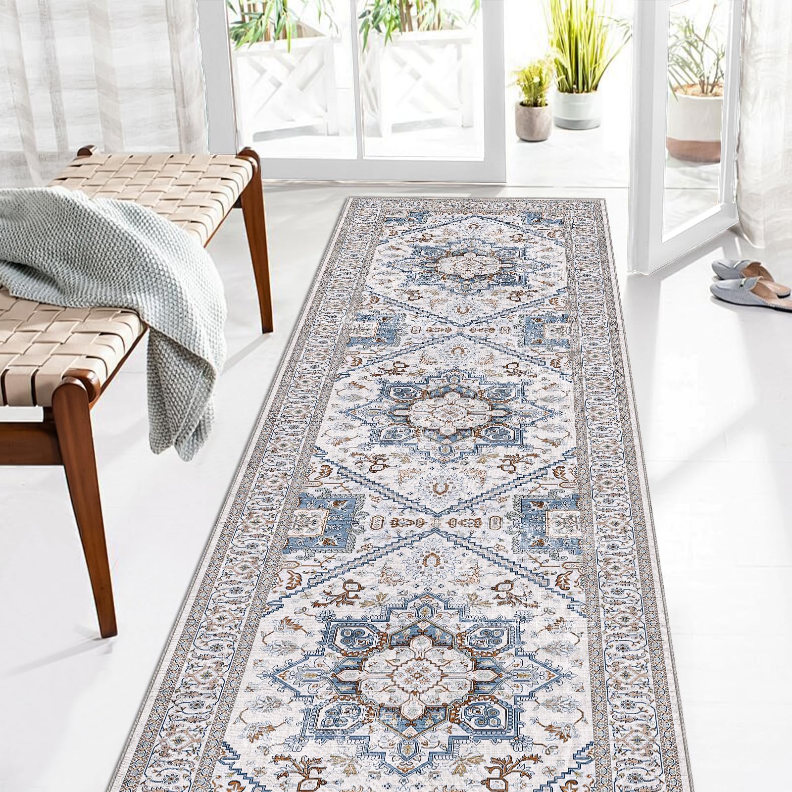 OPPODREAM Soft Area Rugs 5x7, Persian-Inspired Washable Rug, Blue & Gold
