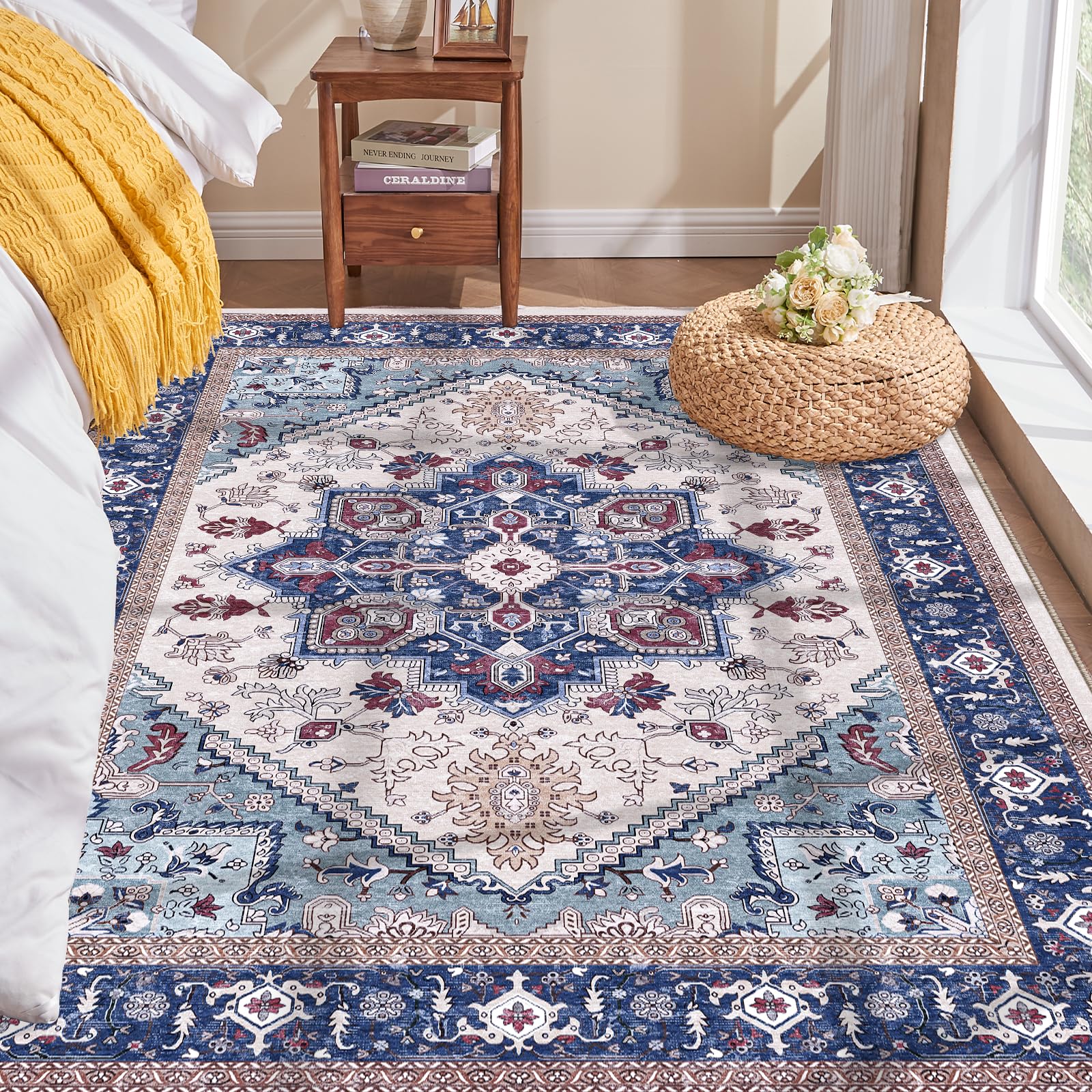 OPPODREAM Soft Area Rugs 5x7, Persian-Inspired Washable Rug, Blue & Gold