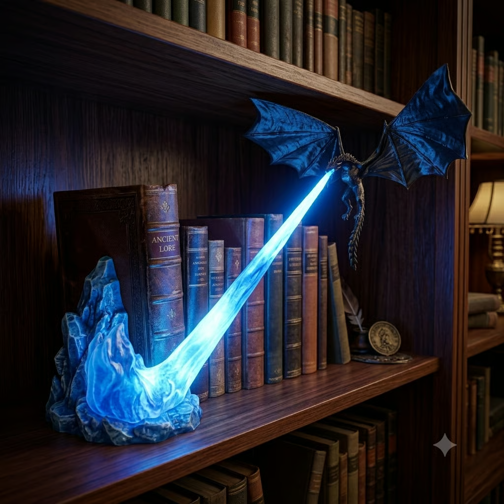 🐉3D-Printed Illuminated Dragon Flame Book Nook – Mystical Fantasy Bookshelf Décor