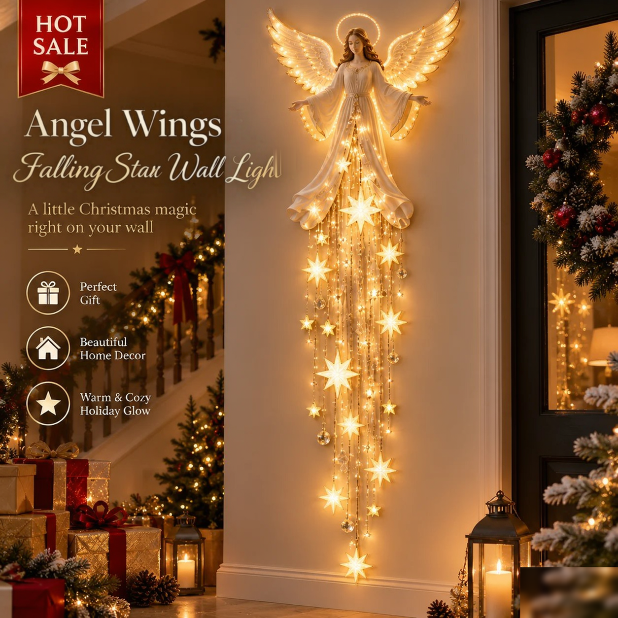 🔥Last Day 49% OFF✨ Angel Wings Falling Star Wall Light – Heavenly Christmas Wall Decor