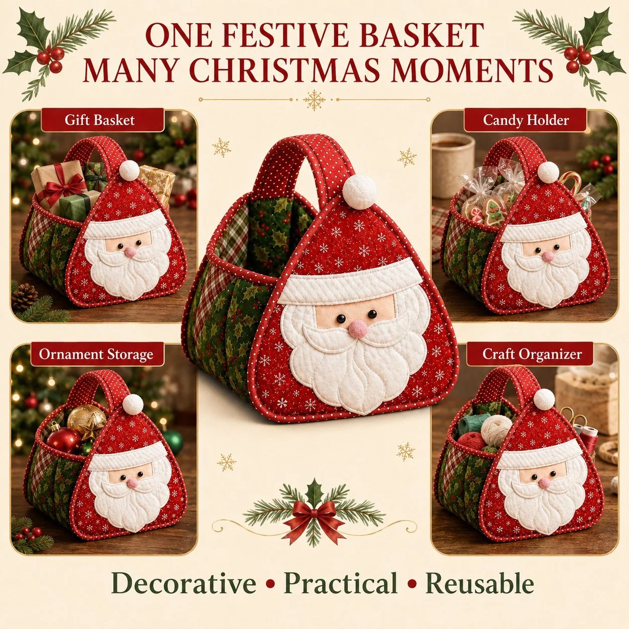 💯⏳  49% OFF – 🎄 Christmas Character Quilted Carry Basket | Padded Patchwork Fabrics, Layered Appliqué （📦Buy 3 Free Shipping）