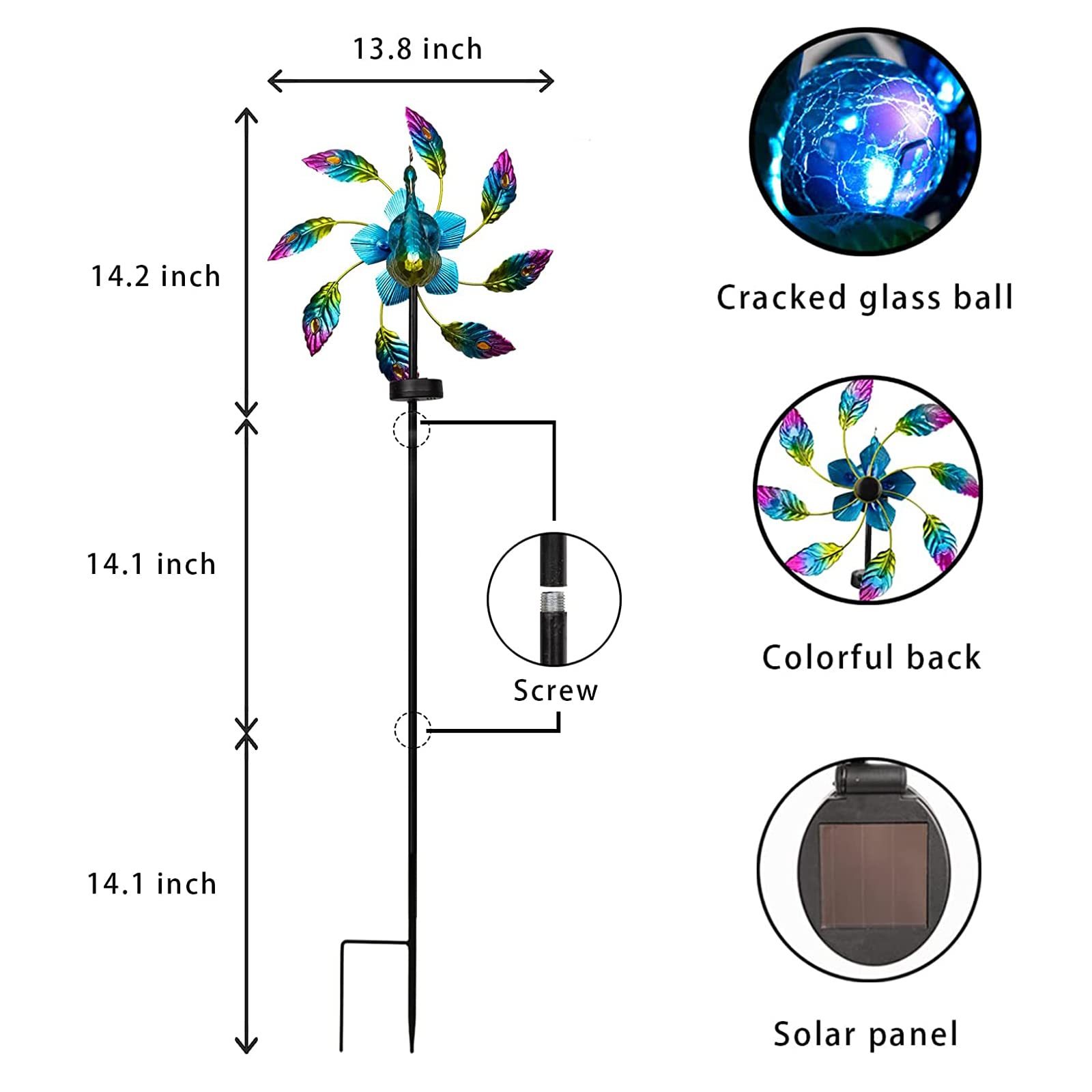 42.5" Peacock Windmill Solar Light Garden Art Decoration