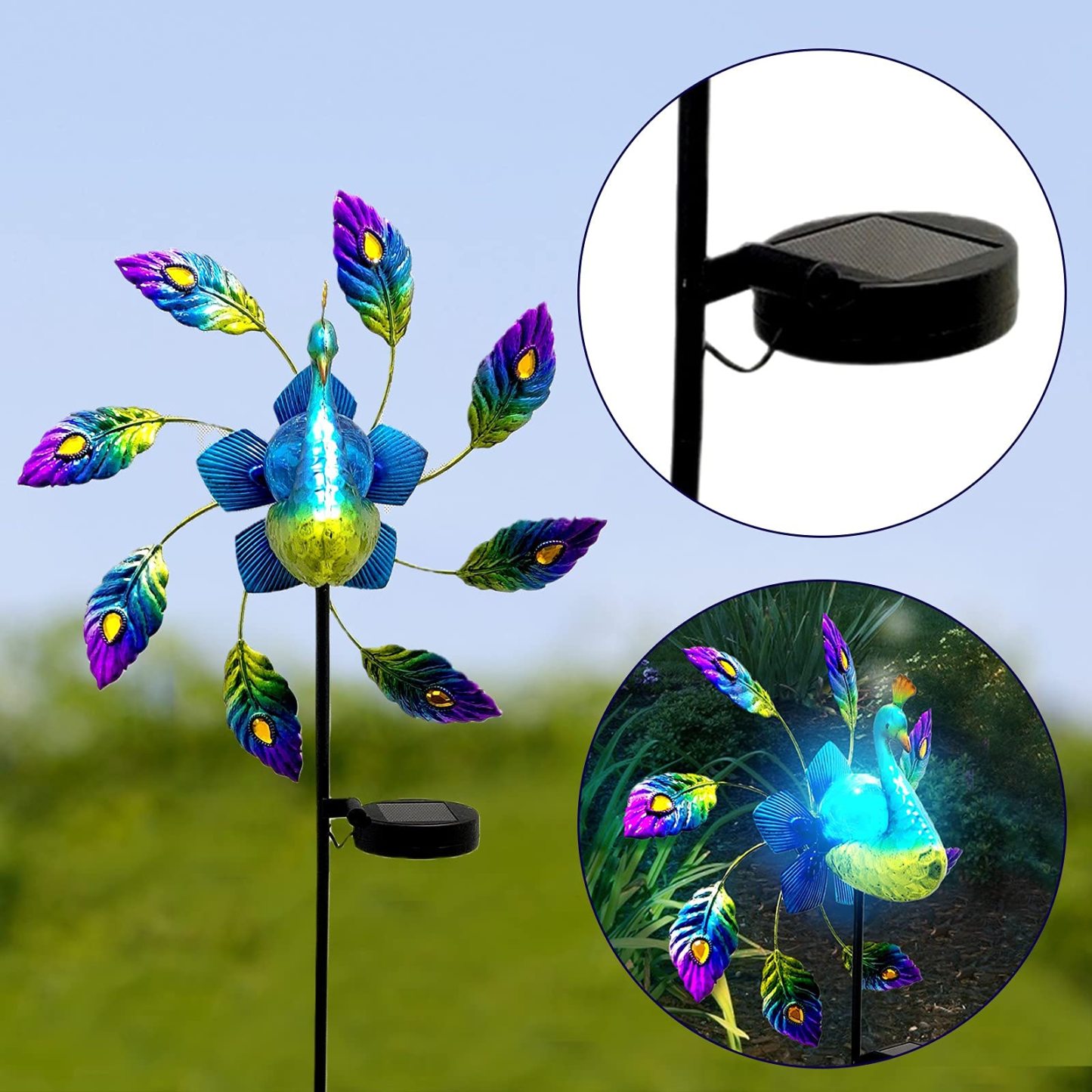 42.5" Peacock Windmill Solar Light Garden Art Decoration