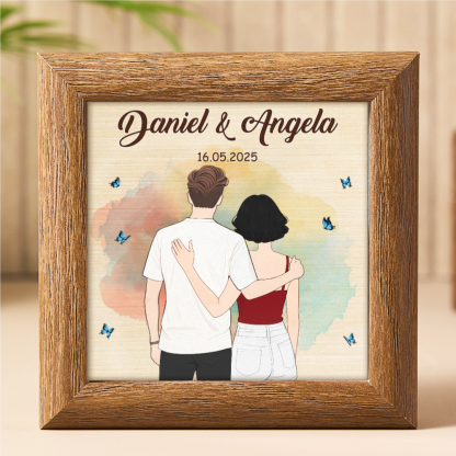 Custom Couple Illustration & Name Vintage Wooden Photo Frame Fridge Magnet