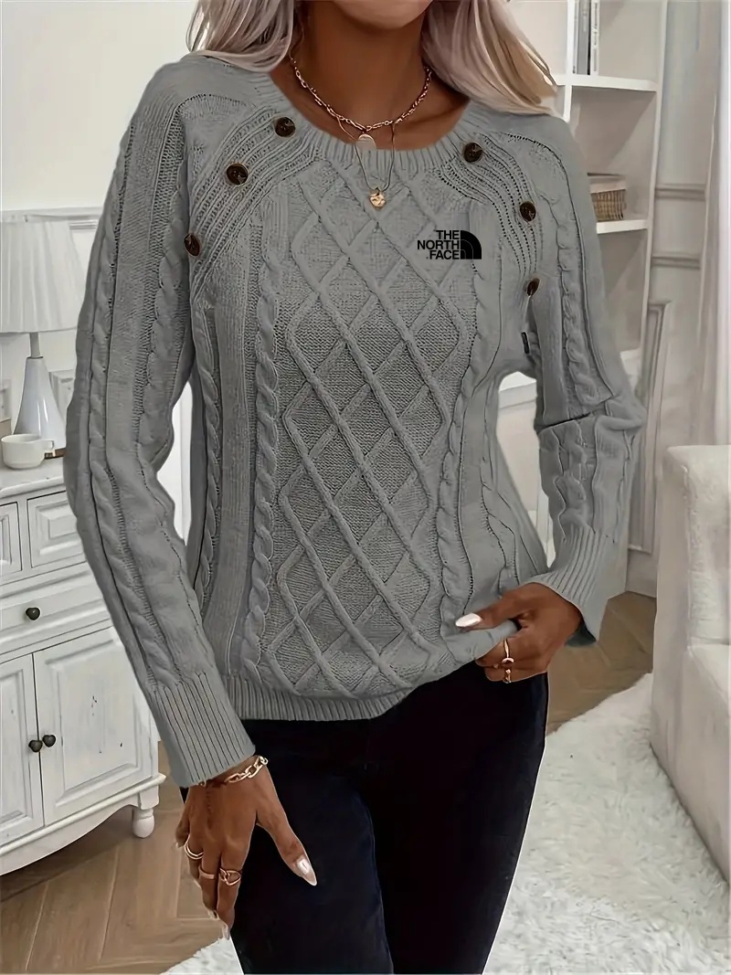 THE NORthtTH FACE - Pull col rond, élégant pull à manches longues avec décoration de boutons pour l'automne et l'hiver, vêtements pour femmes