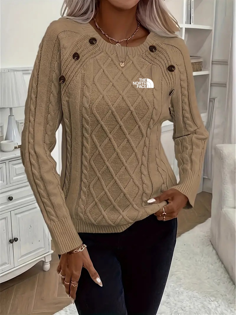 THE NORthtTH FACE - Pull col rond, élégant pull à manches longues avec décoration de boutons pour l'automne et l'hiver, vêtements pour femmes