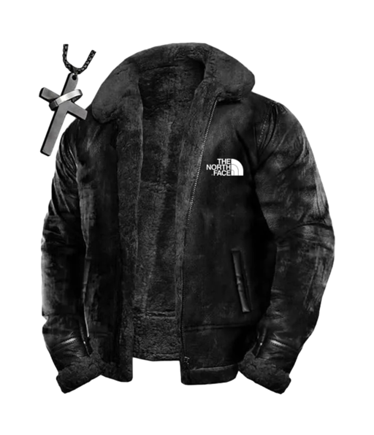 TNF®-Veste bomber en laineVeste doublée en cuir sherpaVeste de moto d'hiver chaude en daim épais + (collier)