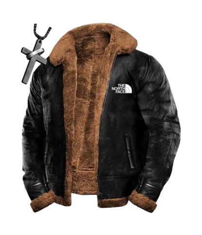 TNF®-Veste bomber en laineVeste doublée en cuir sherpaVeste de moto d'hiver chaude en daim épais + (collier)