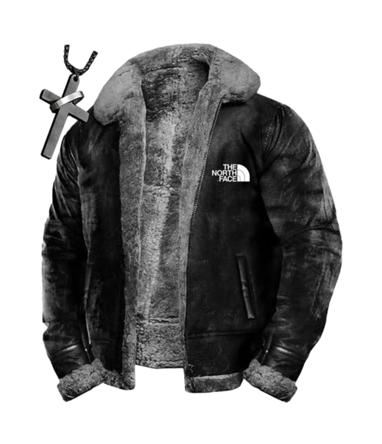 TNF®-Veste bomber en laineVeste doublée en cuir sherpaVeste de moto d'hiver chaude en daim épais + (collier)