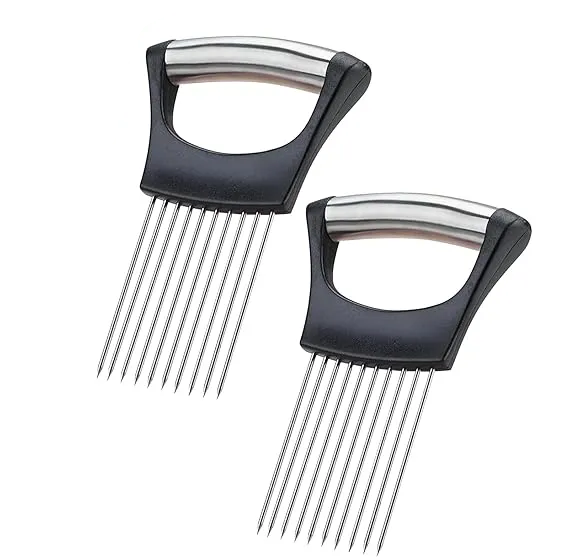 2 Stück Zwiebelschneider Halter Zwiebelschneider Edelstahl Gemüseschneider Halter Schneidehilfswerkzeug für Fleisch, Zwiebeln, Kartoffeln, Tomaten