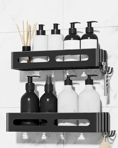 Duschablage ohne Bohren, 2 Stück Badezimmer Organizer, Rostfrei Shampoo Halterung für Dusche, Duschregal mit großer Kapazität, Edelstahl Badregal ohne Bohren mit 6 abnehmbaren Haken, Schwarz