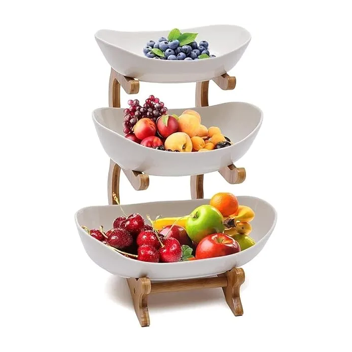  Keramik Obst Etagere mit 3 Etagen, Platzsparendes Obstkorb Etagere für die Familie, Stabil Und Ohne zu Zittern, Obstschale Modern mit Natürlichem Bambus Steher, für Gemüse, Obst, Snacks