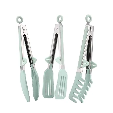  3 Stück 26 cm Edelstahl Zange Küche mit Silikonspitzen, Küchenzange Silikon, Nudelzange, Grillzange Silikon, Kochzange, Fleischzange, Salatzange, Servierzange für Grillen, Salat, Kochen (Grün)