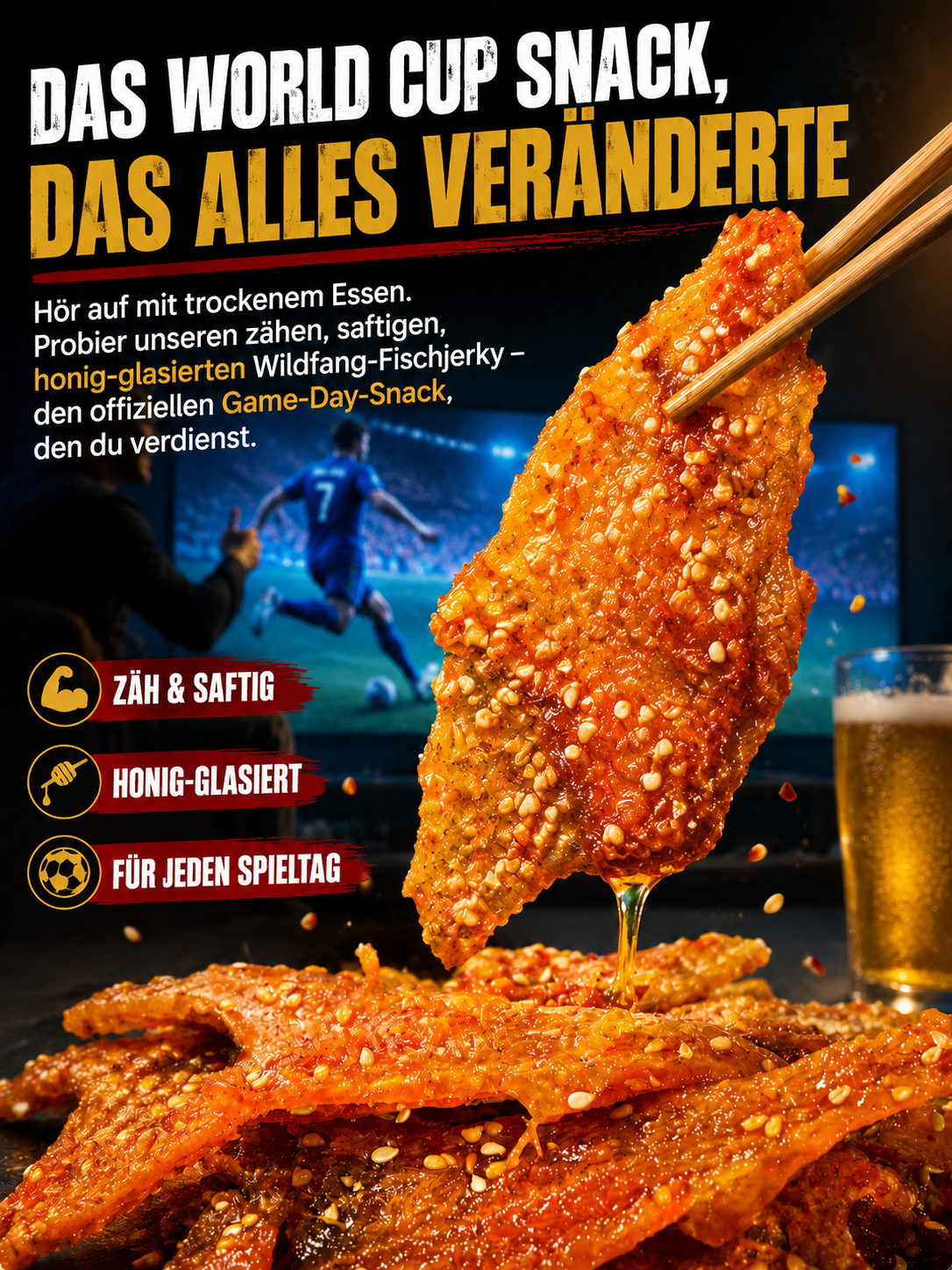 🐟Premium Seelachs-Jerky Honig-Sesam✨ Wilder Fisch-Snack proteinreich und viel Omega-3, ohne Zusätze, XXL-Rabatt✨