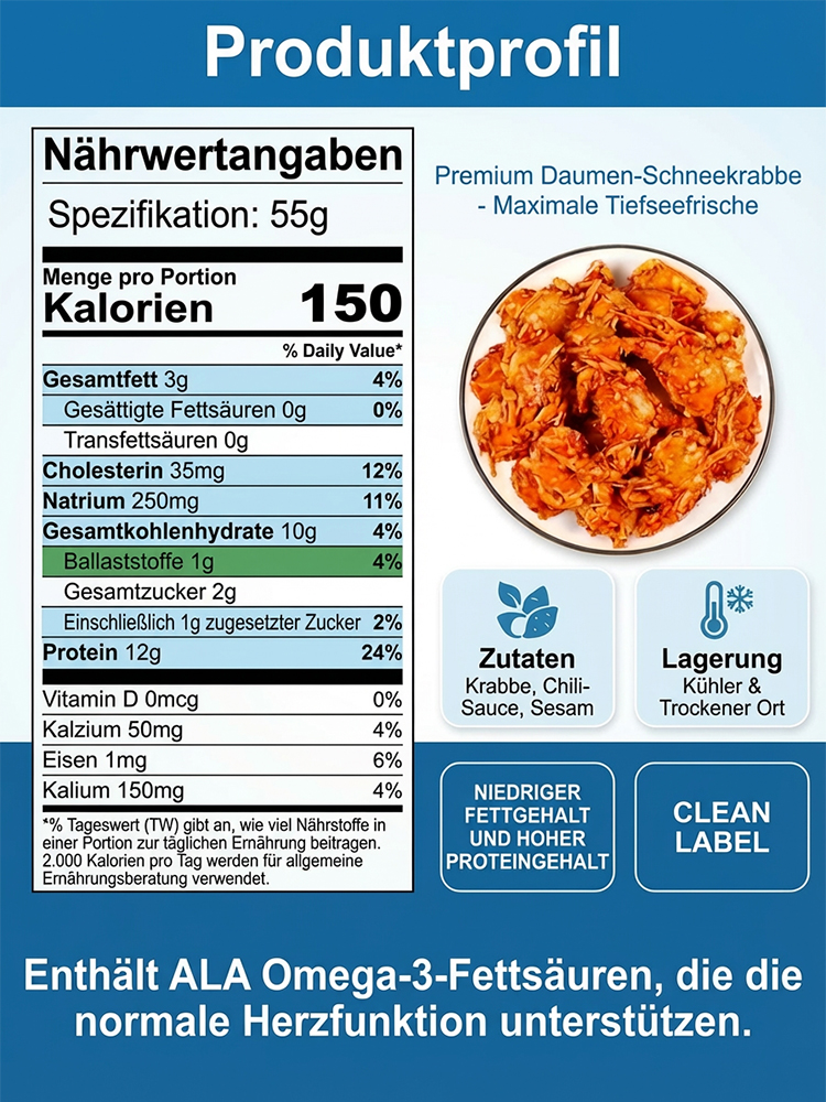 Würzige Krabben-Snacks – sofort verzehrfertig, mit hohem Eiweiß- und niedrigem Natriumgehalt.