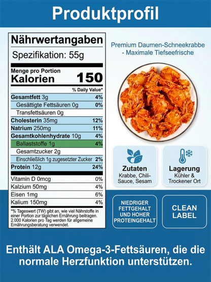 Würzige Krabben-Snacks – sofort verzehrfertig, mit hohem Eiweiß- und niedrigem Natriumgehalt.