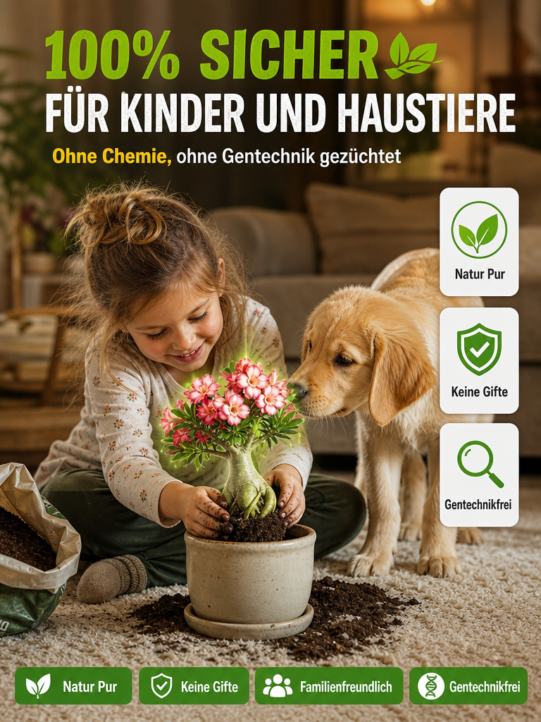  (1+1 GRATIS) Premium Wüstenrose-Knollen – Gekeimt, Winterhart, 300 Tage Blütezeit ohne Gießen.