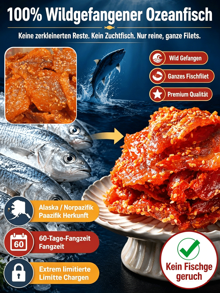 🐟Premium Seelachs-Jerky Honig-Sesam✨ Wilder Fisch-Snack proteinreich und viel Omega-3, ohne Zusätze, XXL-Rabatt✨