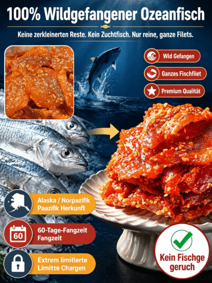 🐟Premium Seelachs-Jerky Honig-Sesam✨ Wilder Fisch-Snack proteinreich und viel Omega-3, ohne Zusätze, XXL-Rabatt✨