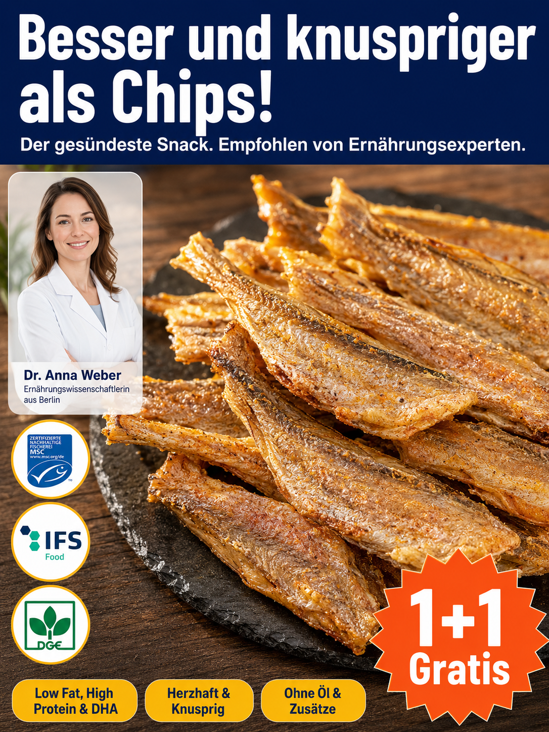 【Reines Naturprodukt】Wilde Nordsee-Umberfisch Snacks ✨ 0% Öl – 100% Knusprig ✨ Natürliche Kalzium-Quelle • Kalorienarm.