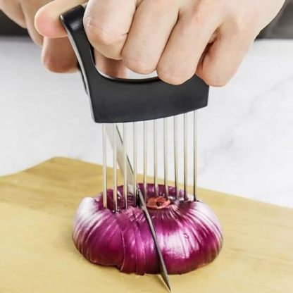 2 Stück Zwiebelschneider Halter Zwiebelschneider Edelstahl Gemüseschneider Halter Schneidehilfswerkzeug für Fleisch, Zwiebeln, Kartoffeln, Tomaten