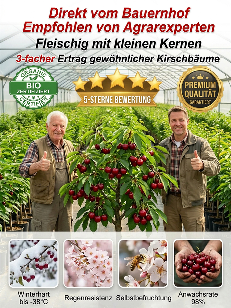 Weltneuheit aus Dresden: Der 1. kernlose Bio-Süßkirschenbaum (Zwergwuchs, Ernte ab Juni)– 50kg Ertrag, 100%Winterhart (-20°C)