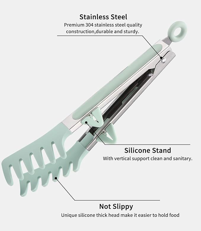  3 Stück 26 cm Edelstahl Zange Küche mit Silikonspitzen, Küchenzange Silikon, Nudelzange, Grillzange Silikon, Kochzange, Fleischzange, Salatzange, Servierzange für Grillen, Salat, Kochen (Grün)