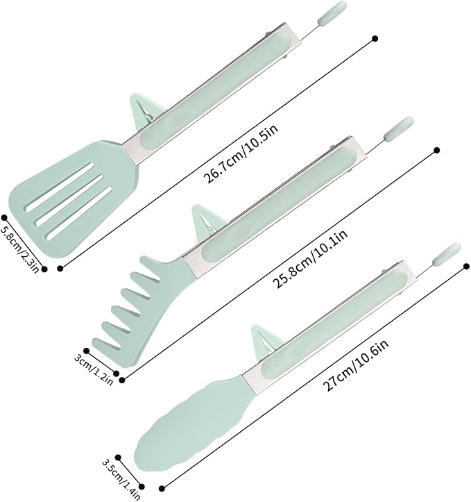  3 Stück 26 cm Edelstahl Zange Küche mit Silikonspitzen, Küchenzange Silikon, Nudelzange, Grillzange Silikon, Kochzange, Fleischzange, Salatzange, Servierzange für Grillen, Salat, Kochen (Grün)