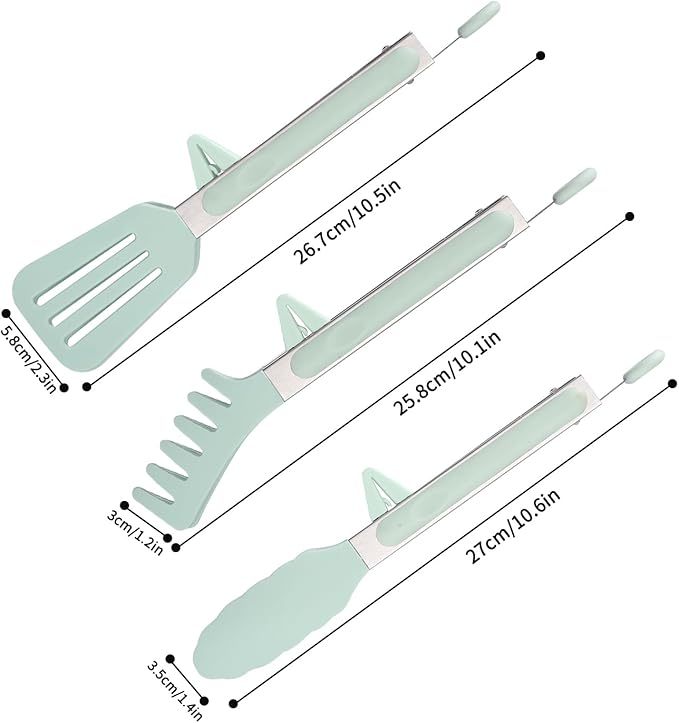  3 Stück 26 cm Edelstahl Zange Küche mit Silikonspitzen, Küchenzange Silikon, Nudelzange, Grillzange Silikon, Kochzange, Fleischzange, Salatzange, Servierzange für Grillen, Salat, Kochen (Grün)