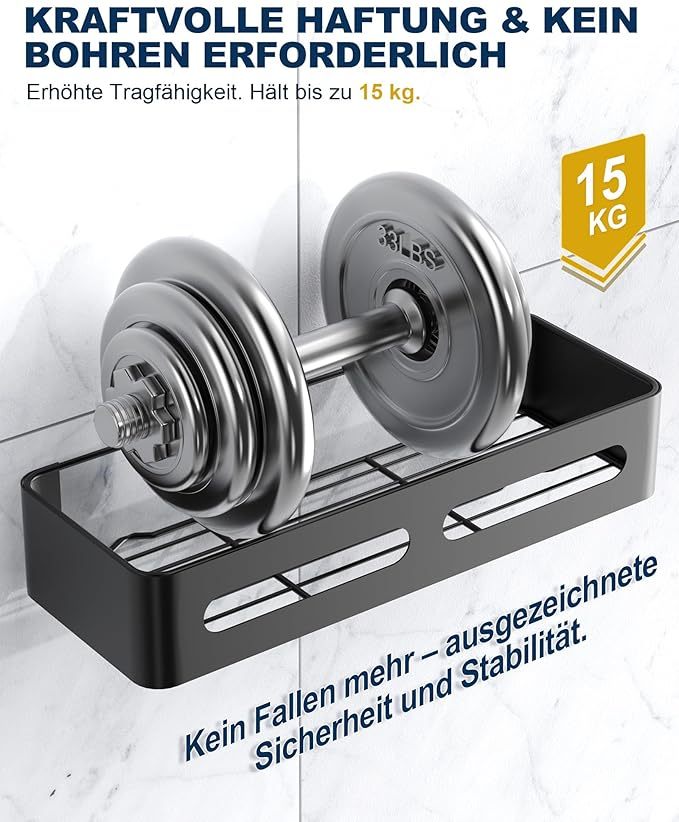 Duschablage ohne Bohren, 2 Stück Badezimmer Organizer, Rostfrei Shampoo Halterung für Dusche, Duschregal mit großer Kapazität, Edelstahl Badregal ohne Bohren mit 6 abnehmbaren Haken, Schwarz