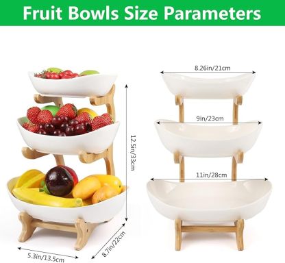  Keramik Obst Etagere mit 3 Etagen, Platzsparendes Obstkorb Etagere für die Familie, Stabil Und Ohne zu Zittern, Obstschale Modern mit Natürlichem Bambus Steher, für Gemüse, Obst, Snacks
