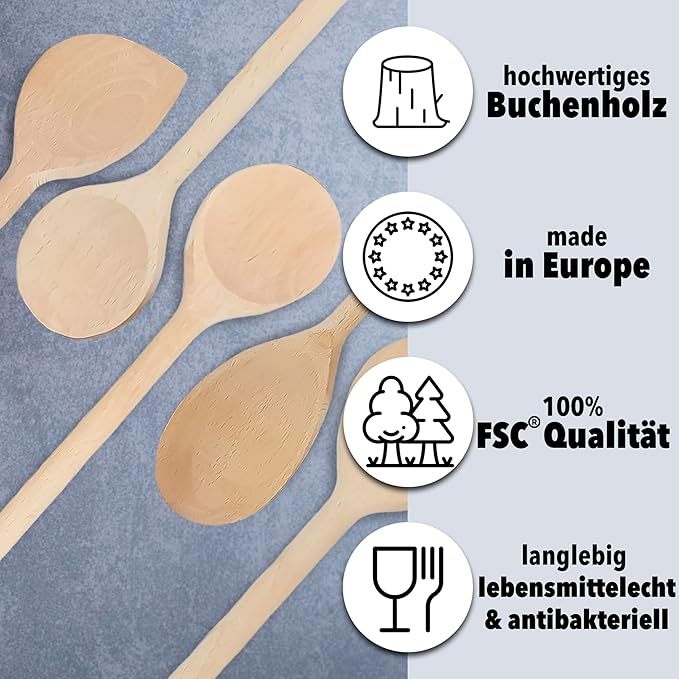 5er Kochlöffel Set aus Buchenholz: Küchenhelfer Set zum Kochen | lange Holzkochlöffel (LG G 6)