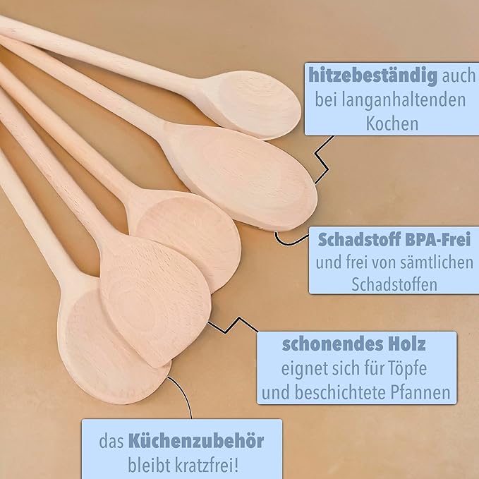  5er Kochlöffel Set aus Buchenholz: Küchenhelfer Set zum Kochen | lange Holzkochlöffel (LG G 6)