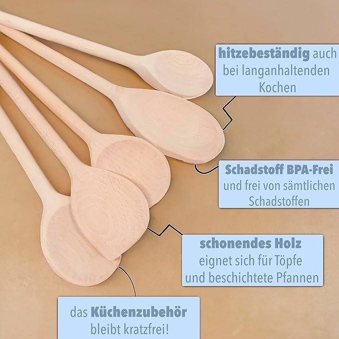  5er Kochlöffel Set aus Buchenholz: Küchenhelfer Set zum Kochen | lange Holzkochlöffel (LG G 6)