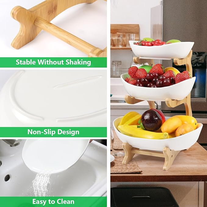  Keramik Obst Etagere mit 3 Etagen, Platzsparendes Obstkorb Etagere für die Familie, Stabil Und Ohne zu Zittern, Obstschale Modern mit Natürlichem Bambus Steher, für Gemüse, Obst, Snacks