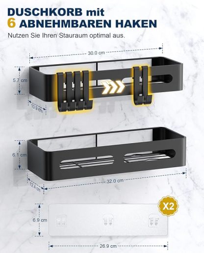 Duschablage ohne Bohren, 2 Stück Badezimmer Organizer, Rostfrei Shampoo Halterung für Dusche, Duschregal mit großer Kapazität, Edelstahl Badregal ohne Bohren mit 6 abnehmbaren Haken, Schwarz