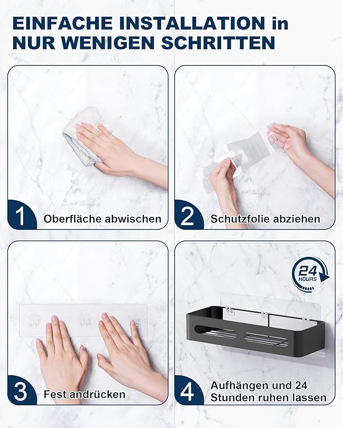 Duschablage ohne Bohren, 2 Stück Badezimmer Organizer, Rostfrei Shampoo Halterung für Dusche, Duschregal mit großer Kapazität, Edelstahl Badregal ohne Bohren mit 6 abnehmbaren Haken, Schwarz