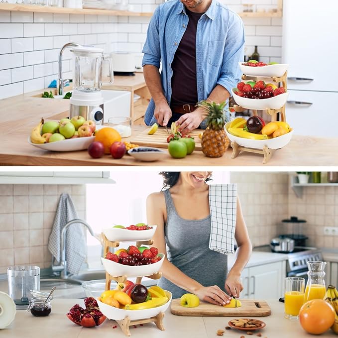  Keramik Obst Etagere mit 3 Etagen, Platzsparendes Obstkorb Etagere für die Familie, Stabil Und Ohne zu Zittern, Obstschale Modern mit Natürlichem Bambus Steher, für Gemüse, Obst, Snacks