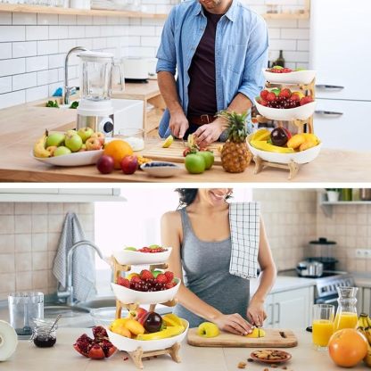  Keramik Obst Etagere mit 3 Etagen, Platzsparendes Obstkorb Etagere für die Familie, Stabil Und Ohne zu Zittern, Obstschale Modern mit Natürlichem Bambus Steher, für Gemüse, Obst, Snacks