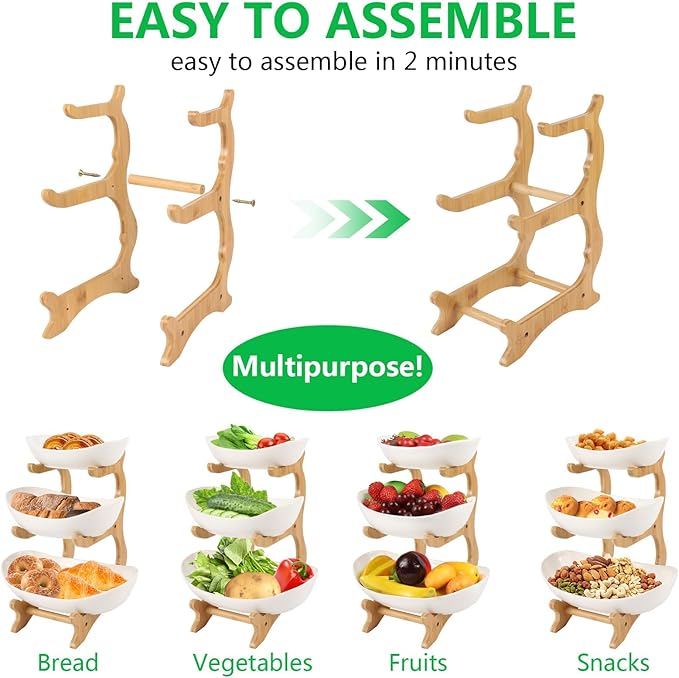  Keramik Obst Etagere mit 3 Etagen, Platzsparendes Obstkorb Etagere für die Familie, Stabil Und Ohne zu Zittern, Obstschale Modern mit Natürlichem Bambus Steher, für Gemüse, Obst, Snacks