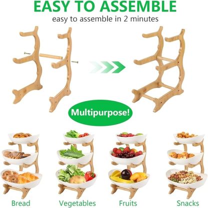  Keramik Obst Etagere mit 3 Etagen, Platzsparendes Obstkorb Etagere für die Familie, Stabil Und Ohne zu Zittern, Obstschale Modern mit Natürlichem Bambus Steher, für Gemüse, Obst, Snacks