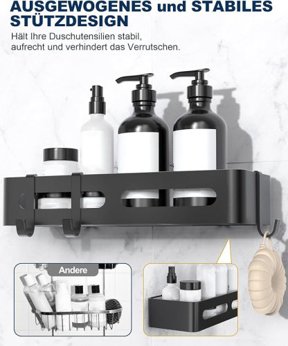 Duschablage ohne Bohren, 2 Stück Badezimmer Organizer, Rostfrei Shampoo Halterung für Dusche, Duschregal mit großer Kapazität, Edelstahl Badregal ohne Bohren mit 6 abnehmbaren Haken, Schwarz