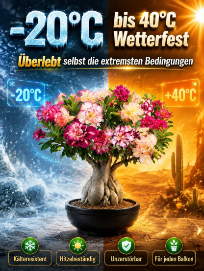  (1+1 GRATIS) Premium Wüstenrose-Knollen – Gekeimt, Winterhart, 300 Tage Blütezeit ohne Gießen.