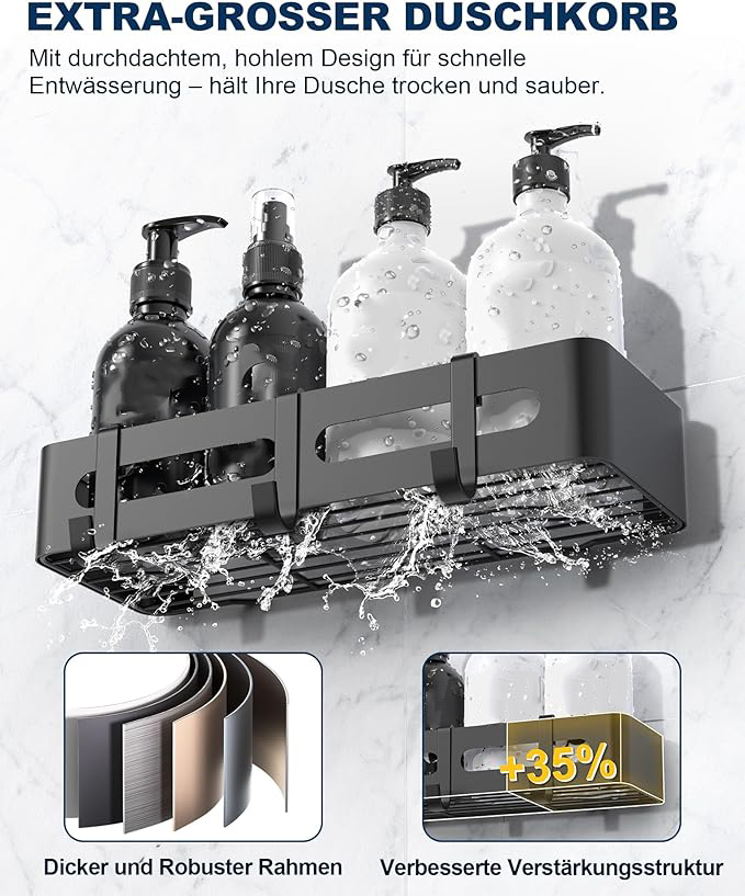 Duschablage ohne Bohren, 2 Stück Badezimmer Organizer, Rostfrei Shampoo Halterung für Dusche, Duschregal mit großer Kapazität, Edelstahl Badregal ohne Bohren mit 6 abnehmbaren Haken, Schwarz